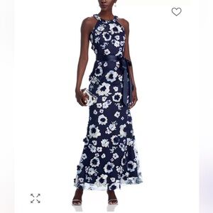 Eliza J Navy and White Embroidered Floral Gown NWT